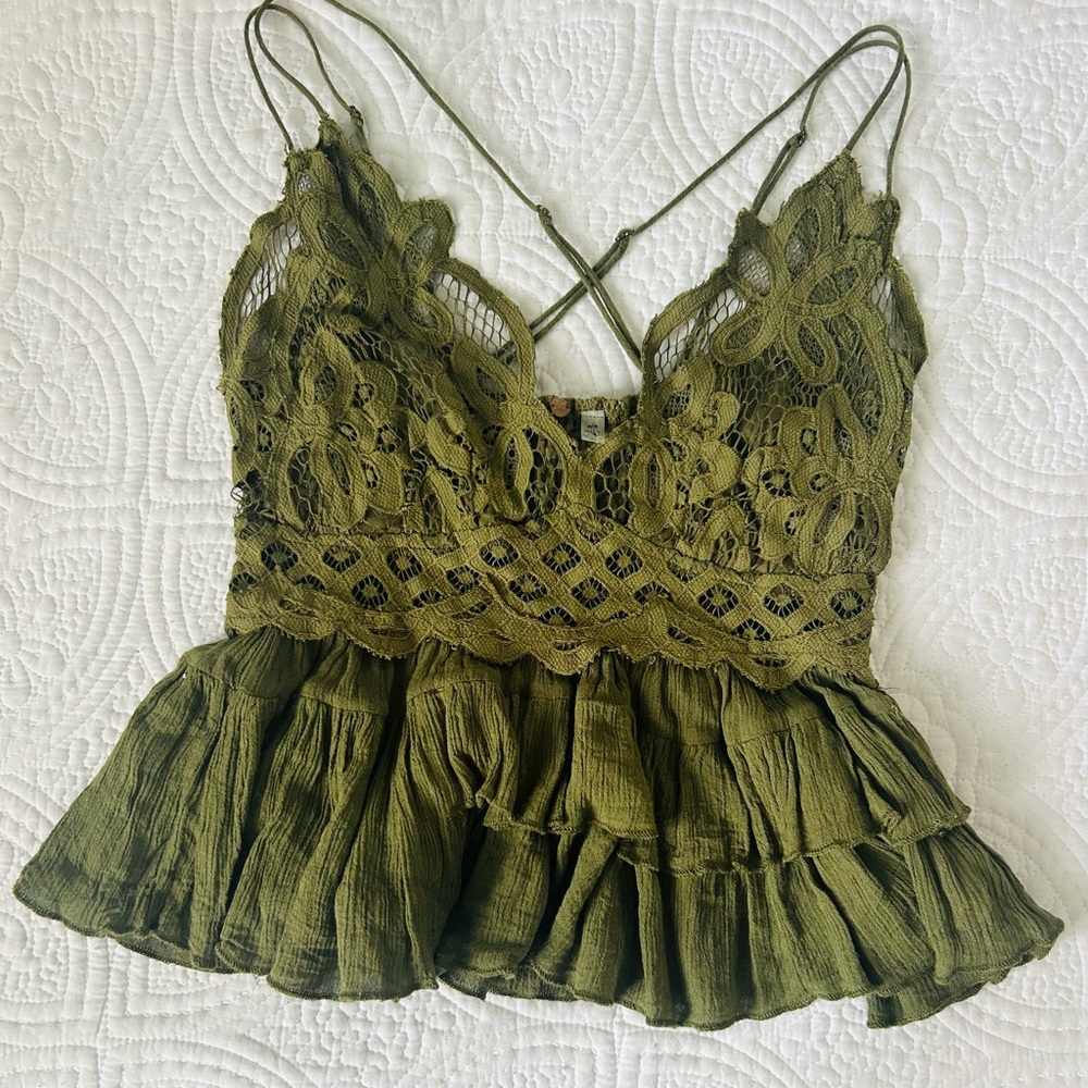 Free People Olive Green Lace Tiered Camisole